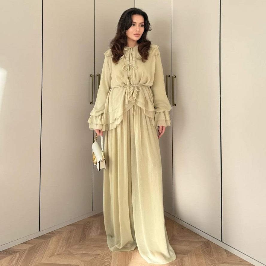 Women's Lantern Sleeve Tie-Waist Top and Wide-Leg Pants Set