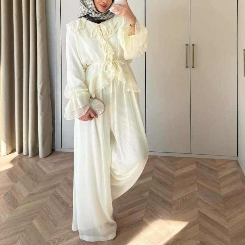 Women's Lantern Sleeve Tie-Waist Top and Wide-Leg Pants Set
