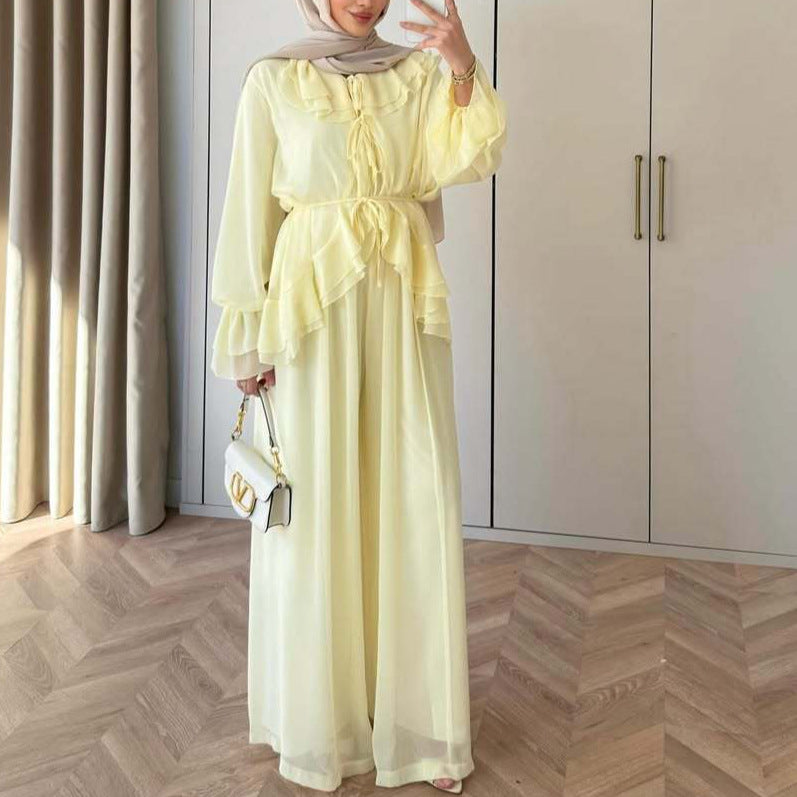 Women's Lantern Sleeve Tie-Waist Top and Wide-Leg Pants Set