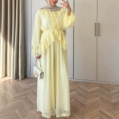 Women's Lantern Sleeve Tie-Waist Top and Wide-Leg Pants Set