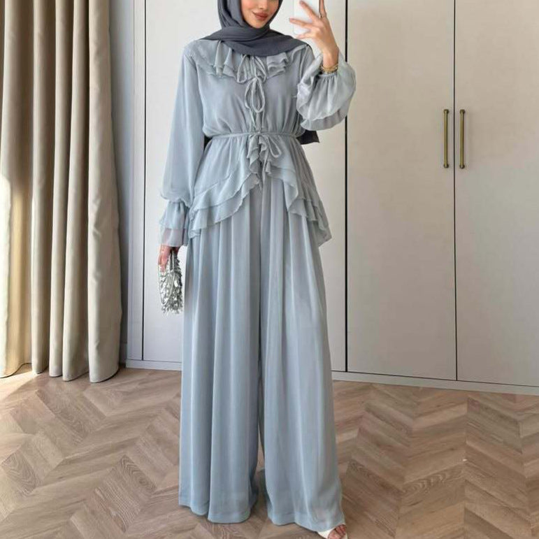 Women's Lantern Sleeve Tie-Waist Top and Wide-Leg Pants Set