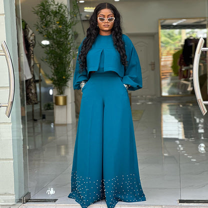 Women's Lantern Sleeve Top and Wide-Leg Pants Suit