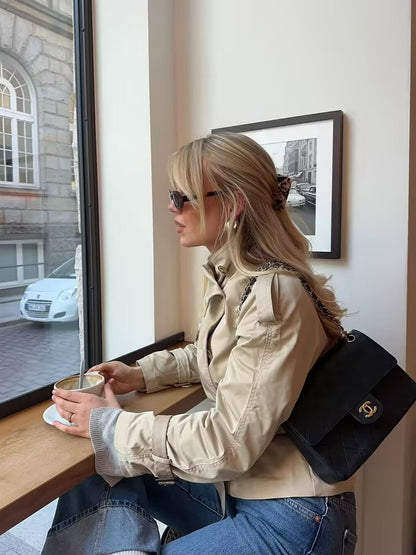Women's Lapel Belted Windbreaker Jacket