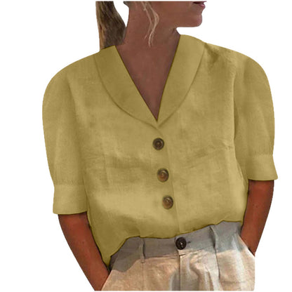 Women's Lapel Button Cotton Linen Top