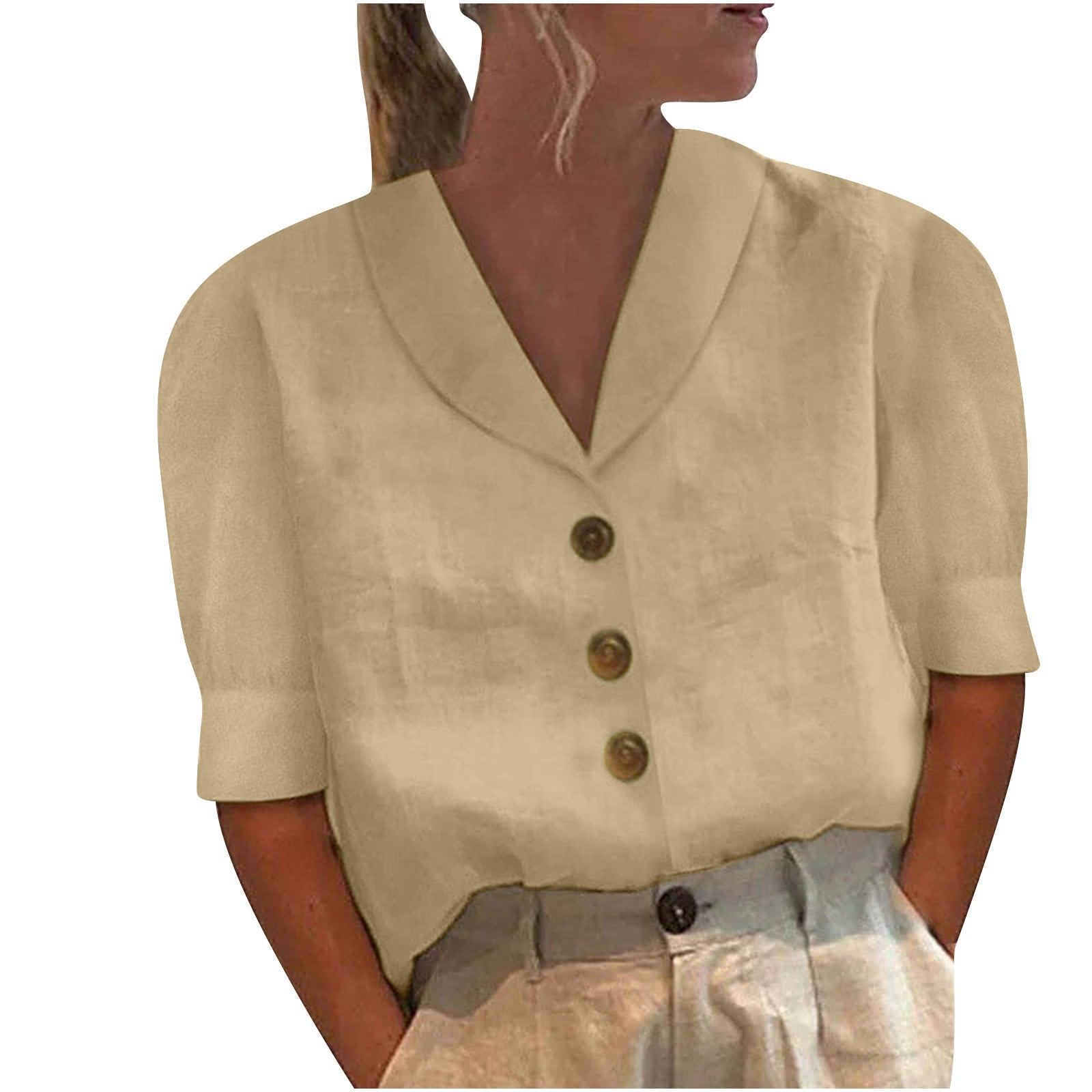 Women's Lapel Button Cotton Linen Top