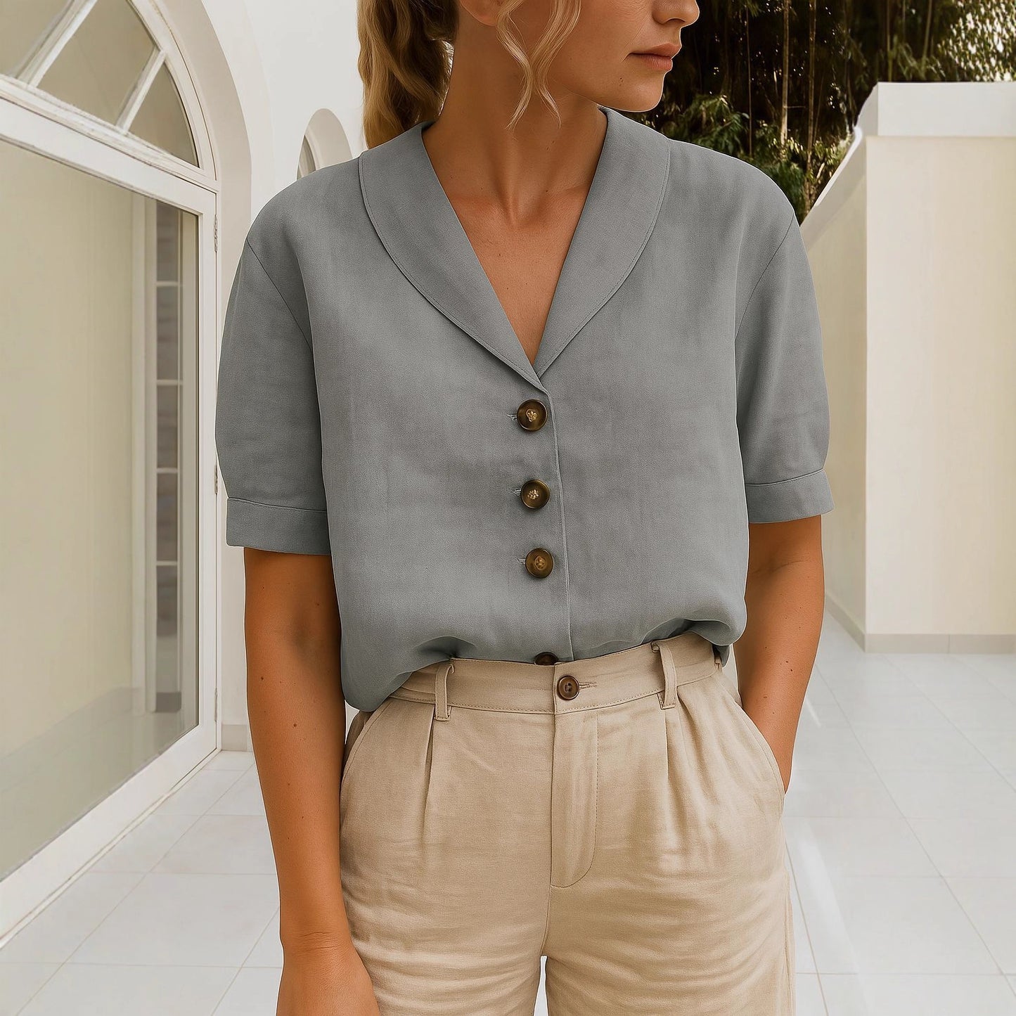 Women's Lapel Button Cotton Linen Top