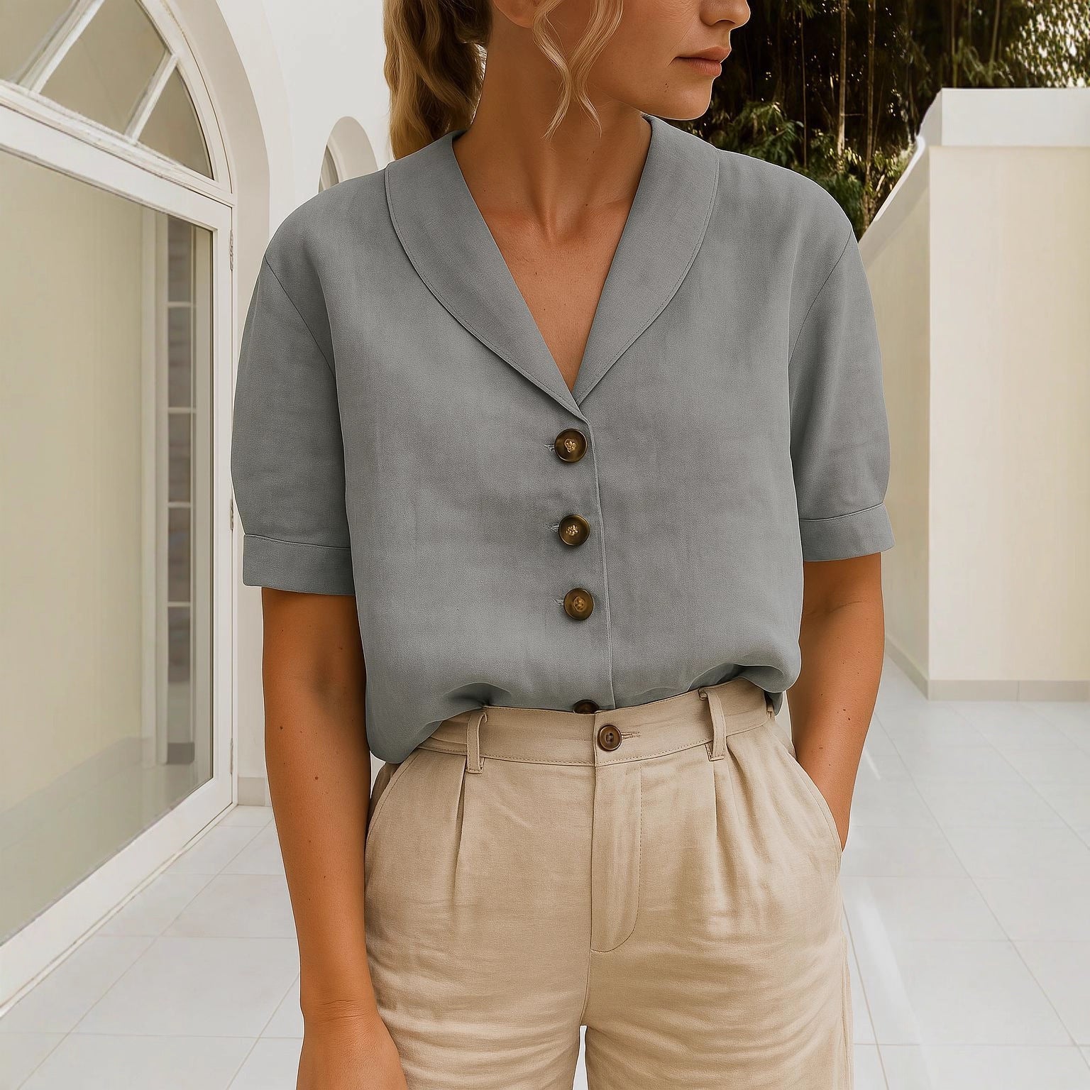 Women's Lapel Button Cotton Linen Top