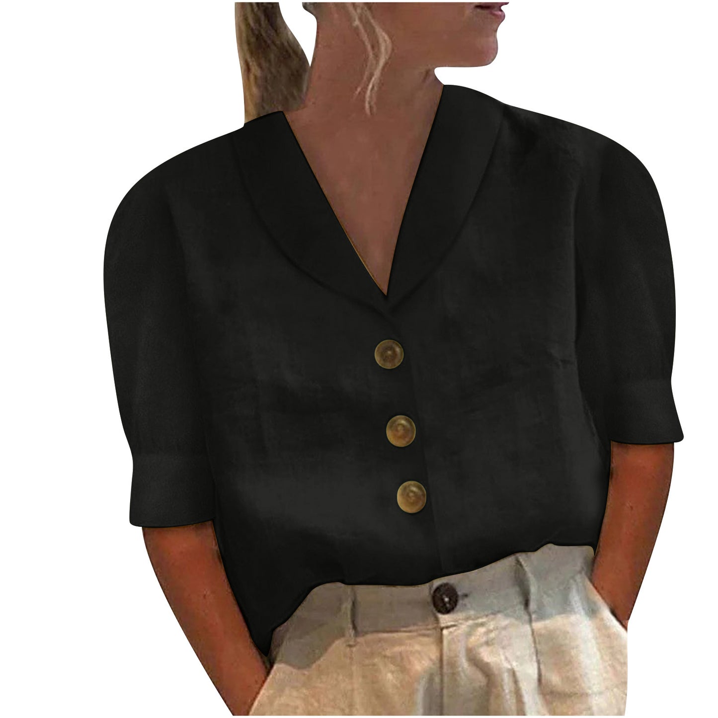 Women's Lapel Button Cotton Linen Top