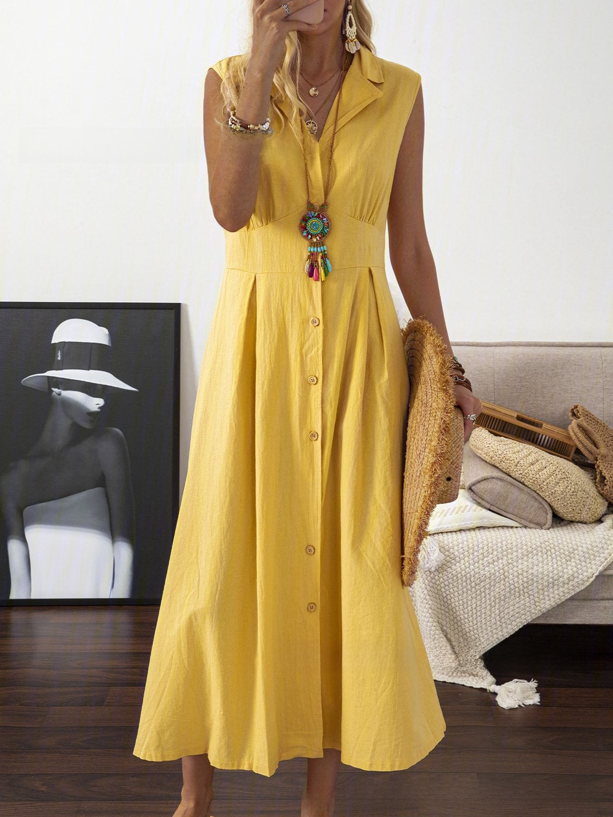 Women's Lapel Collar Sleeveless A-Line Dress