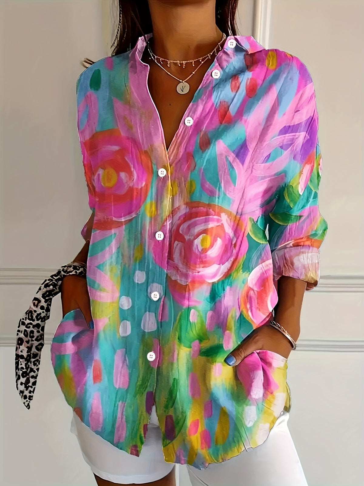Women's Lapel Shirt Flower Print New Shirt