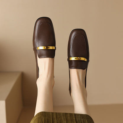 Women's Leather Round Toe Low Heel Loafers
