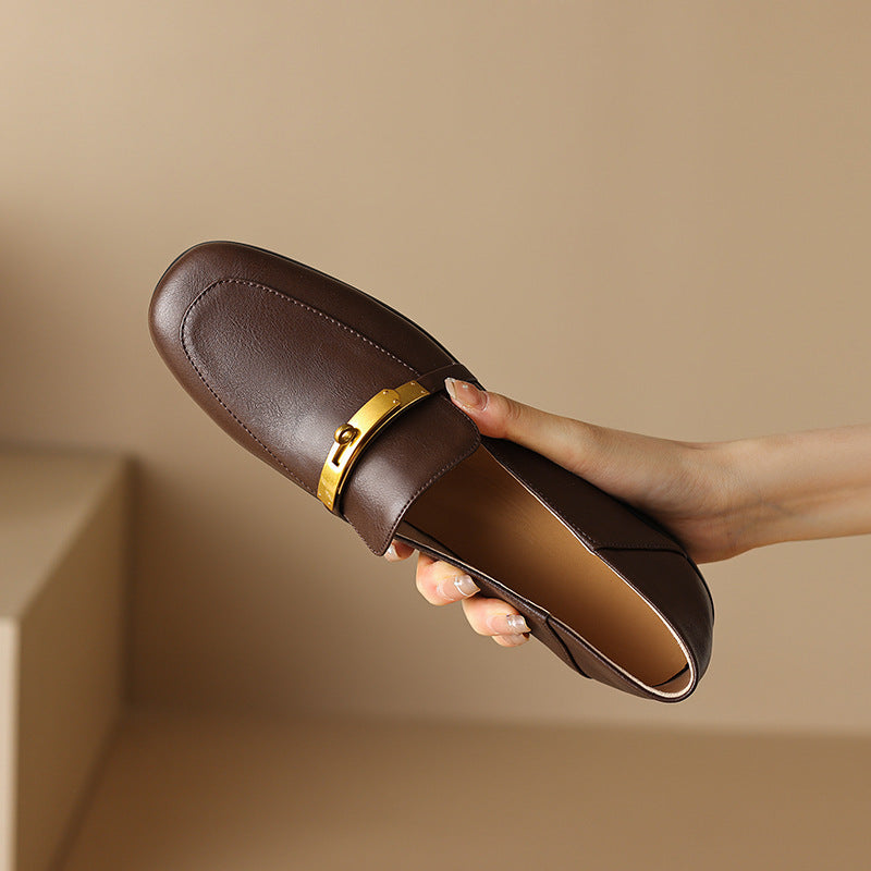 Women's Leather Round Toe Low Heel Loafers