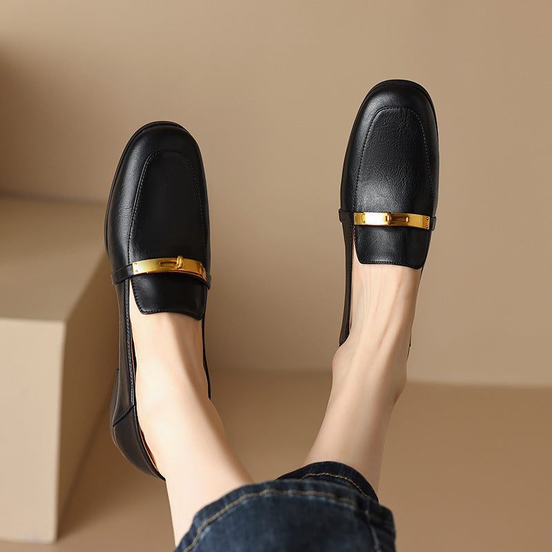 Women's Leather Round Toe Low Heel Loafers
