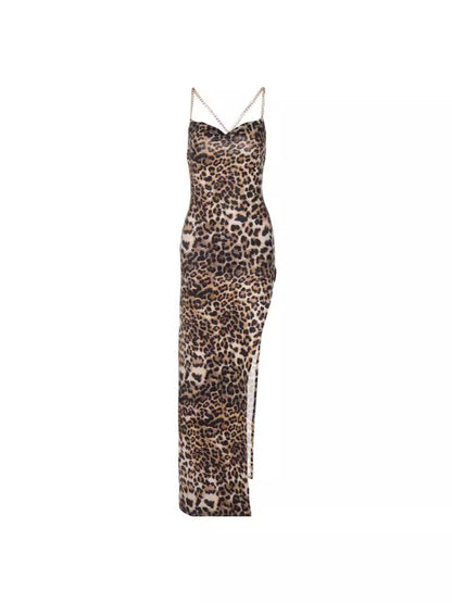 Women's Leopard Print Backless Chain Strap Dress