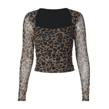 Women's Leopard Print Mesh Long Sleeve T-Shirt