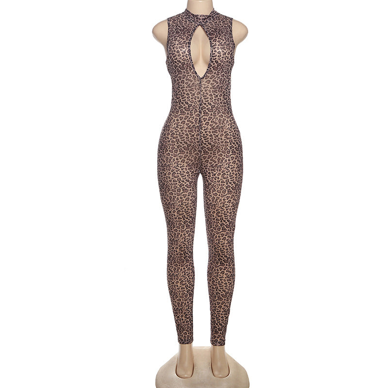Women's Leopard Print Mesh Tight Jumpsuit