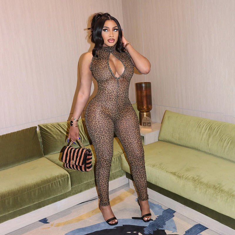 Women's Leopard Print Mesh Tight Jumpsuit