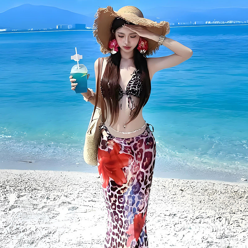 Women's Leopard Print Swimsuit Three-Piece Set