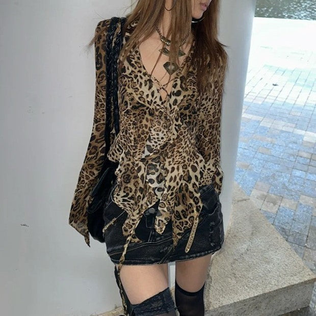 Women's Leopard Print V-Neck Chiffon Shirt