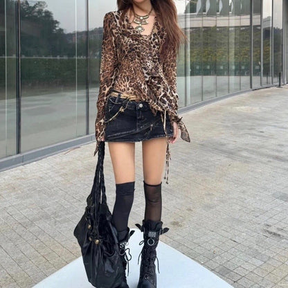 Women's Leopard Print V-Neck Chiffon Shirt