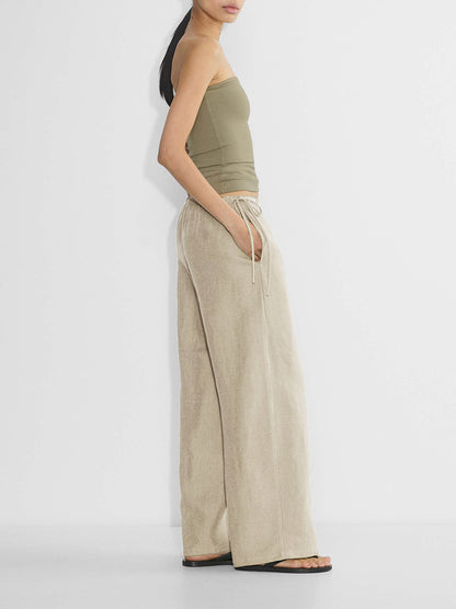 Women's Linen Blend Drawstring Wide-Leg Pants