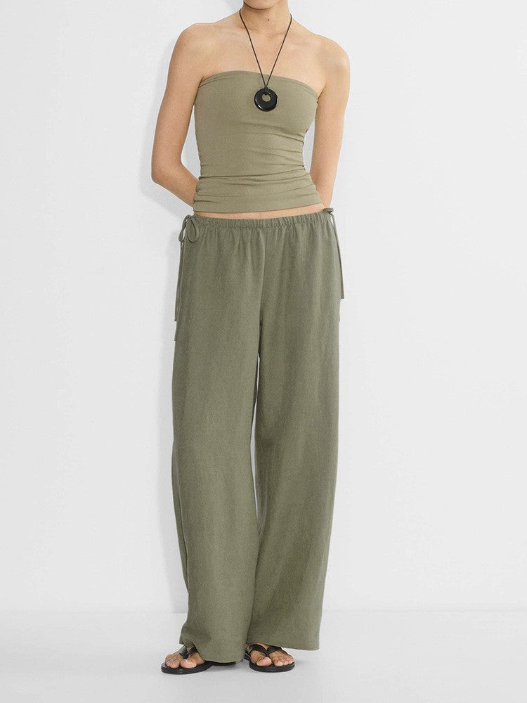 Women's Linen Blend Drawstring Wide-Leg Pants