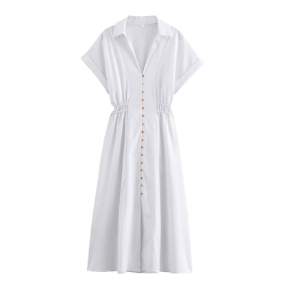 Women's Linen Blend Short-sleeve Midi Shirt Dress