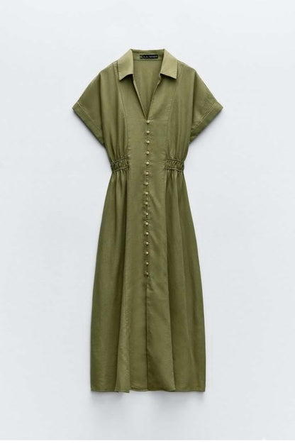 Women's Linen Blend Short-sleeve Midi Shirt Dress