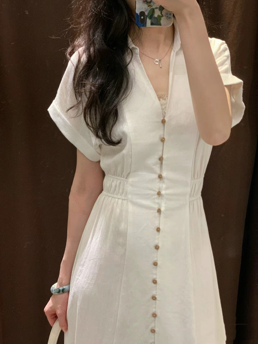 Women's Linen Blend Short-sleeve Midi Shirt Dress