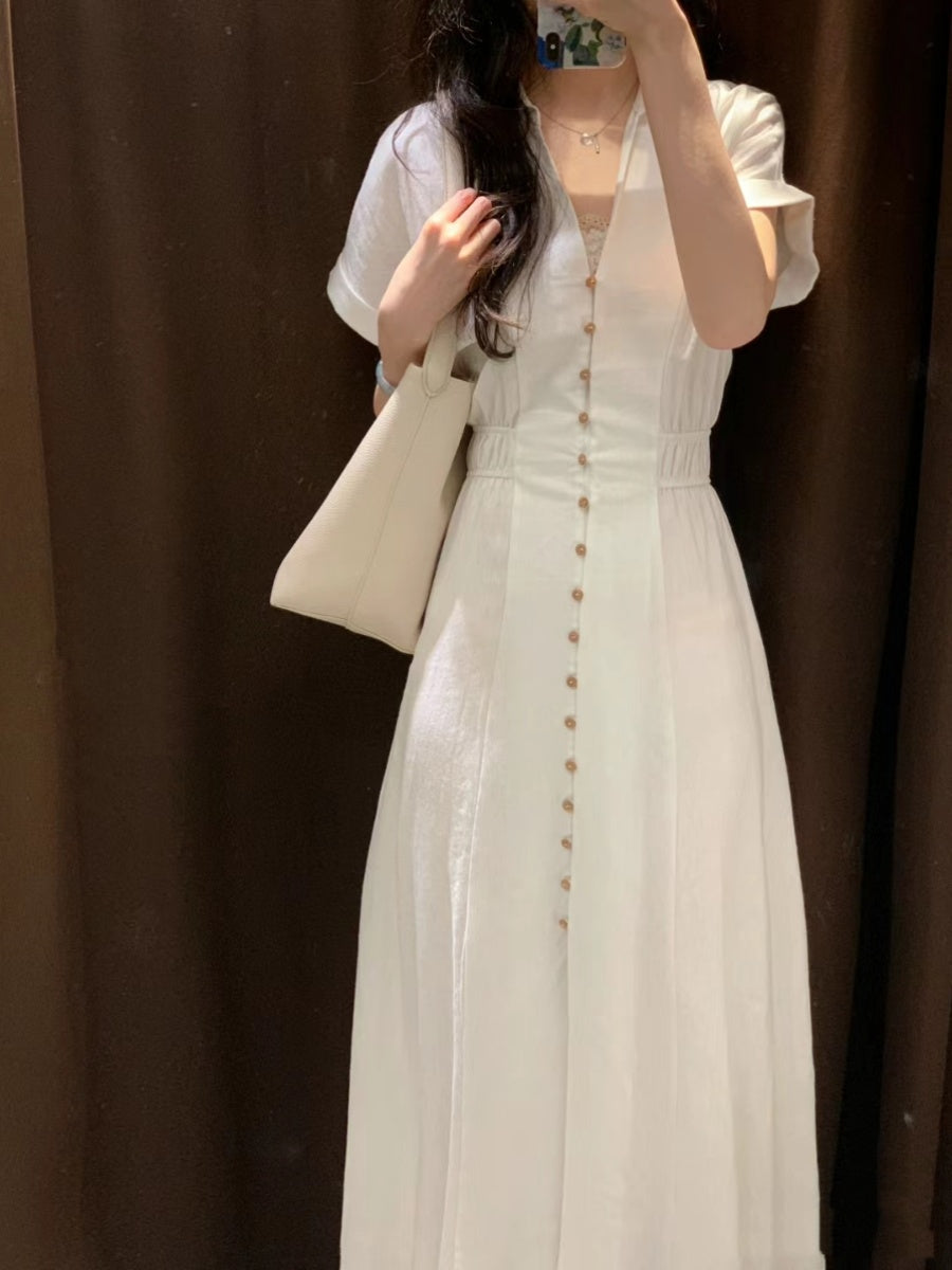 Women's Linen Blend Short-sleeve Midi Shirt Dress