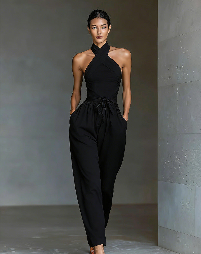 Women's Linen Cross-Strap Wide-Leg Jumpsuit