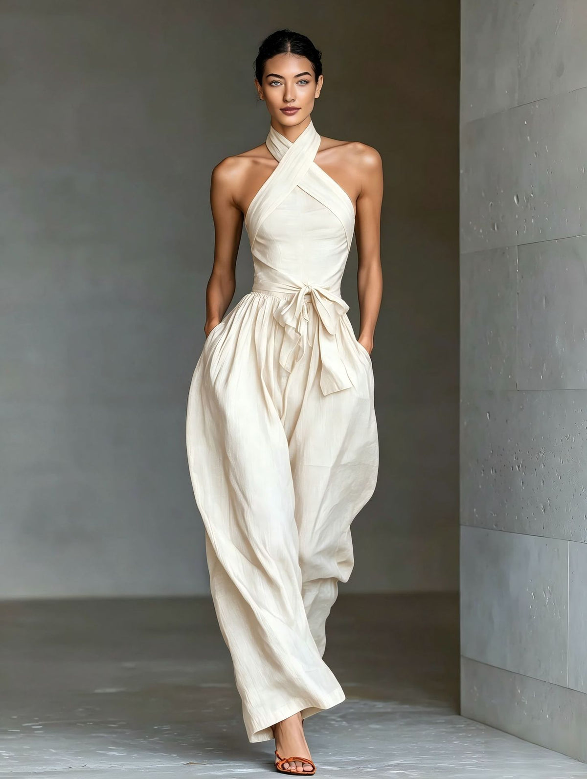 Women's Linen Cross-Strap Wide-Leg Jumpsuit