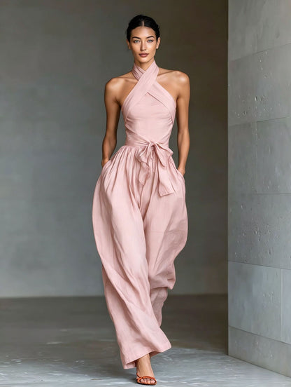 Women's Linen Cross-Strap Wide-Leg Jumpsuit