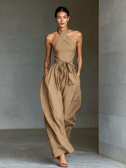 Women's Linen Cross-Strap Wide-Leg Jumpsuit