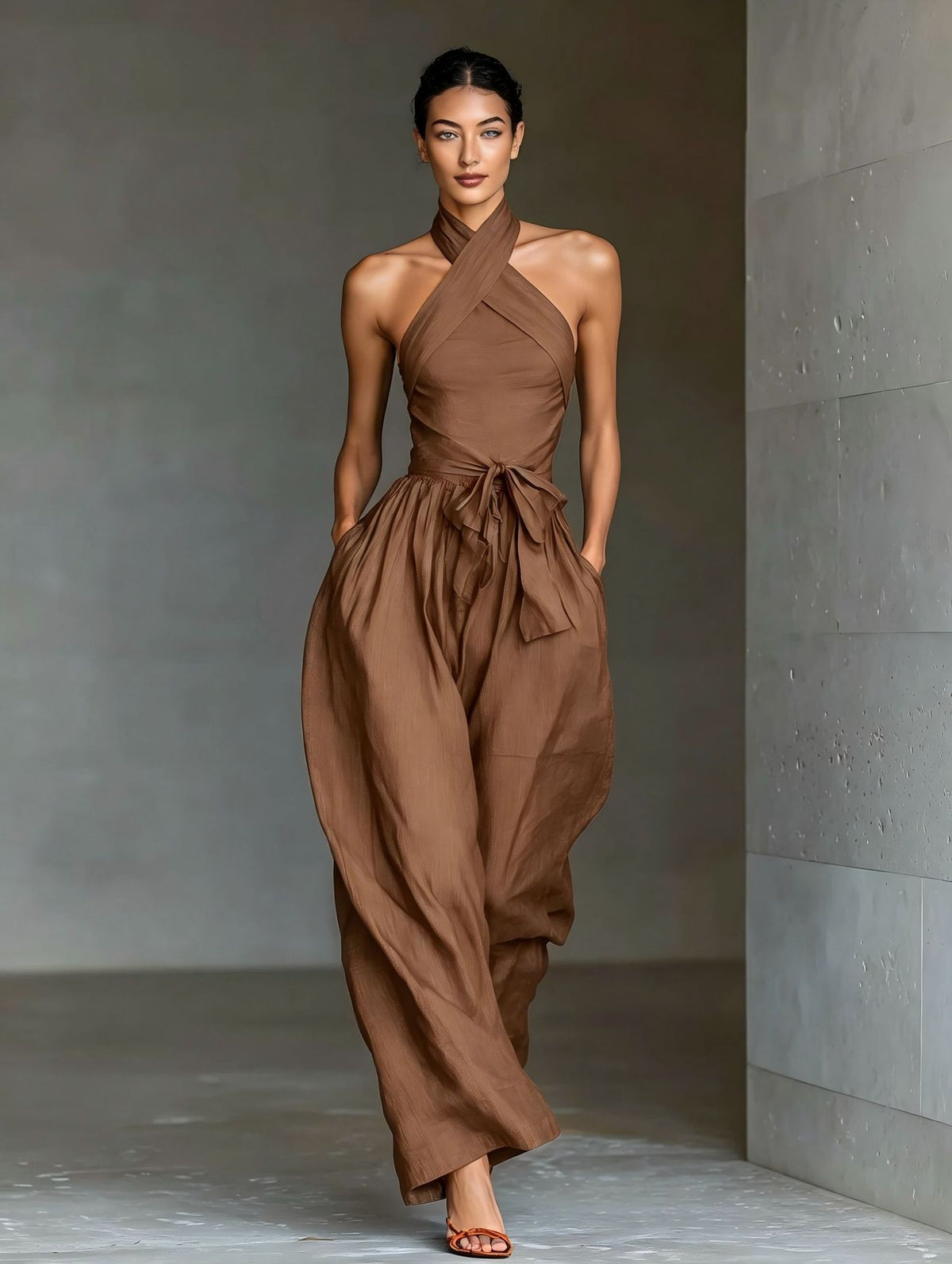 Women's Linen Cross-Strap Wide-Leg Jumpsuit
