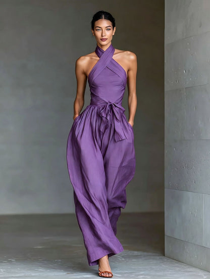 Women's Linen Cross-Strap Wide-Leg Jumpsuit