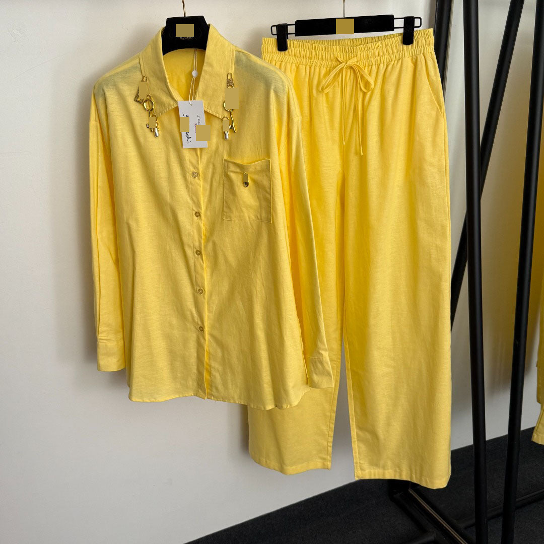 Women's Linen Shirt and Wide-Leg Pants Set with Metal Keyhole