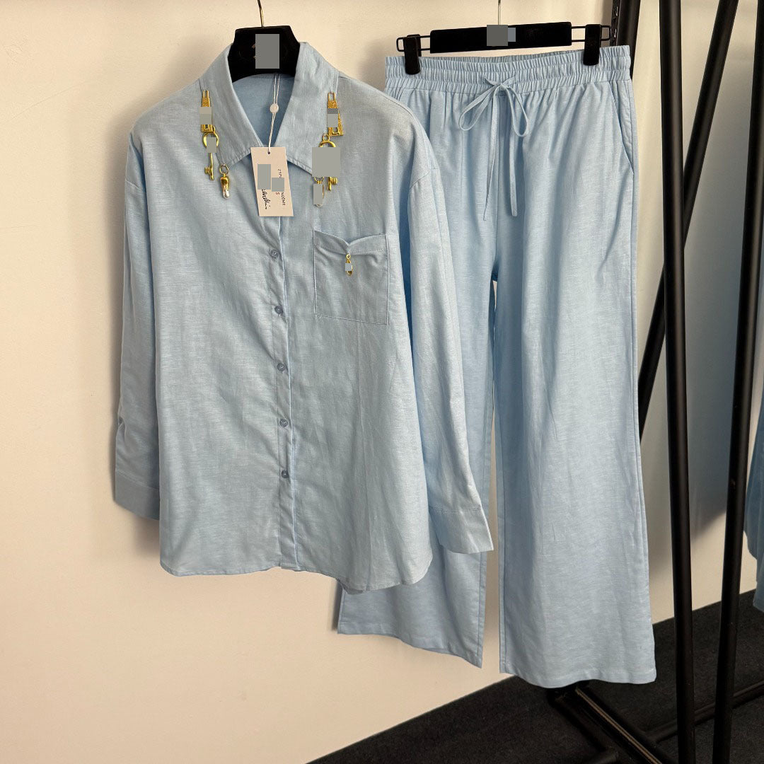 Women's Linen Shirt and Wide-Leg Pants Set with Metal Keyhole