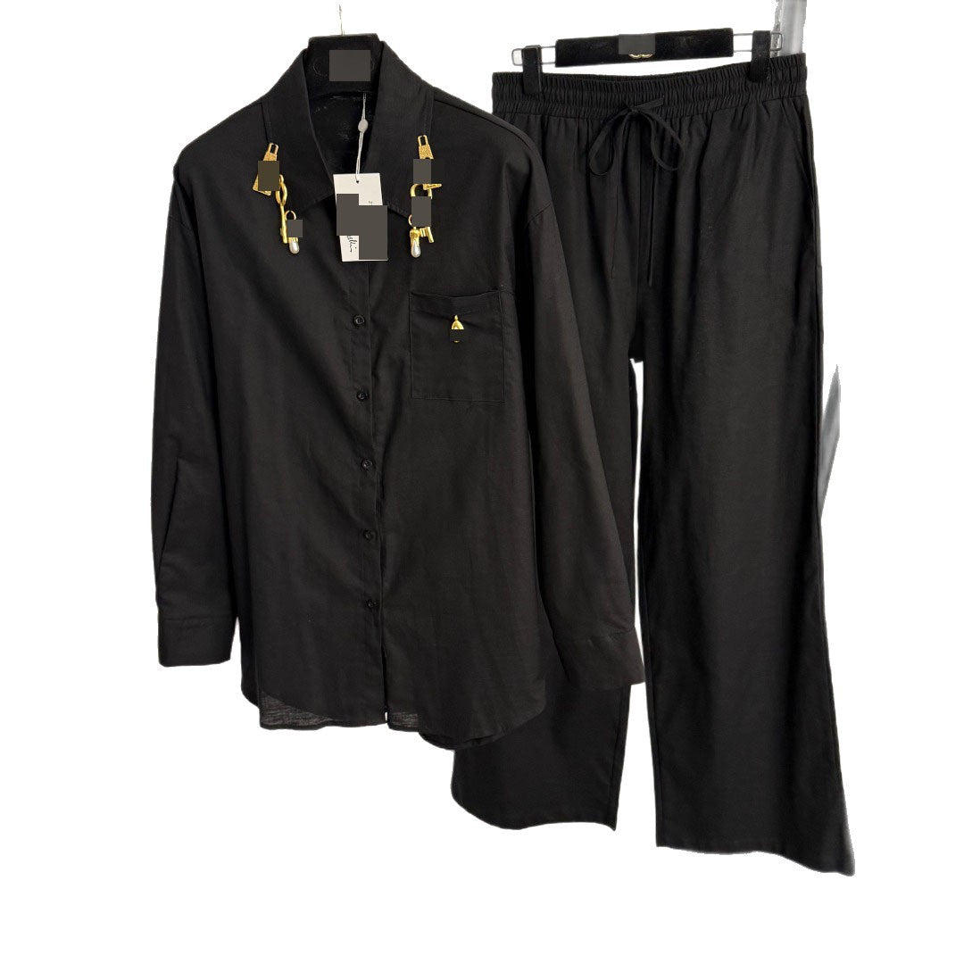 Women's Linen Shirt and Wide-Leg Pants Set with Metal Keyhole