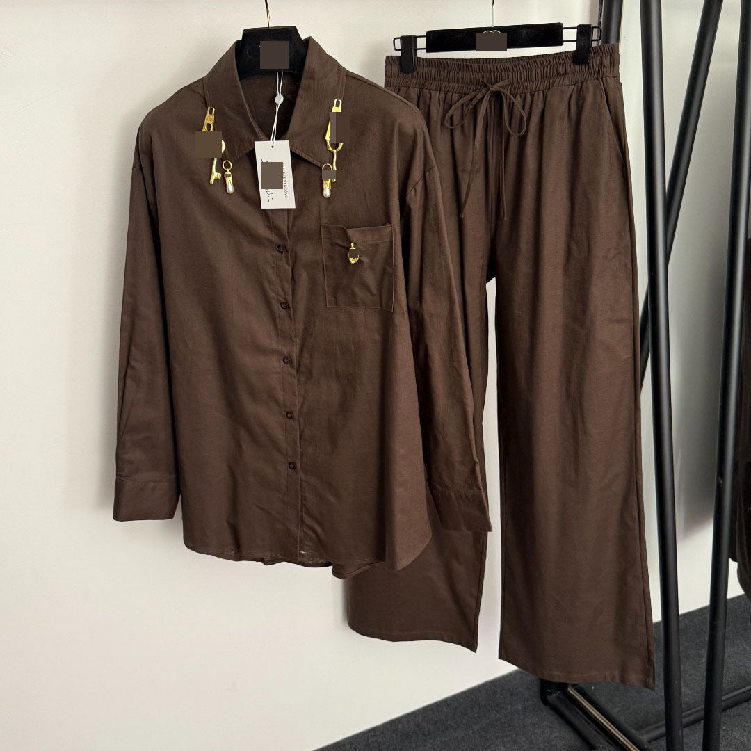 Women's Linen Shirt and Wide-Leg Pants Set with Metal Keyhole