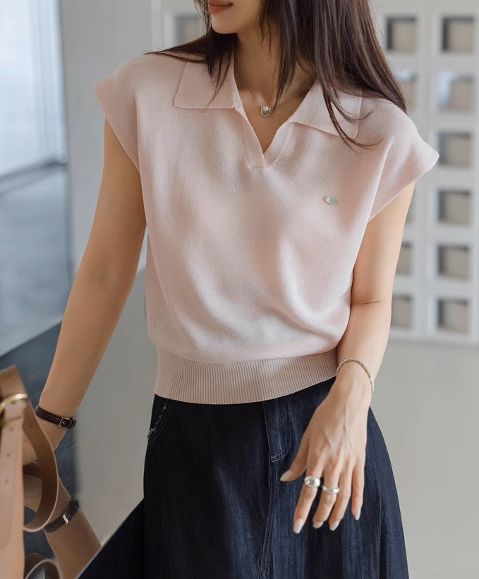 Women's Linen Tencel Collar Knitted Short-Sleeved Polo Shirt