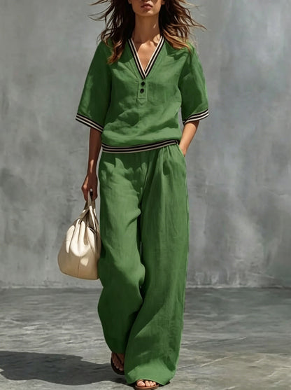 Women's Linen V-Neck Two-Piece Set