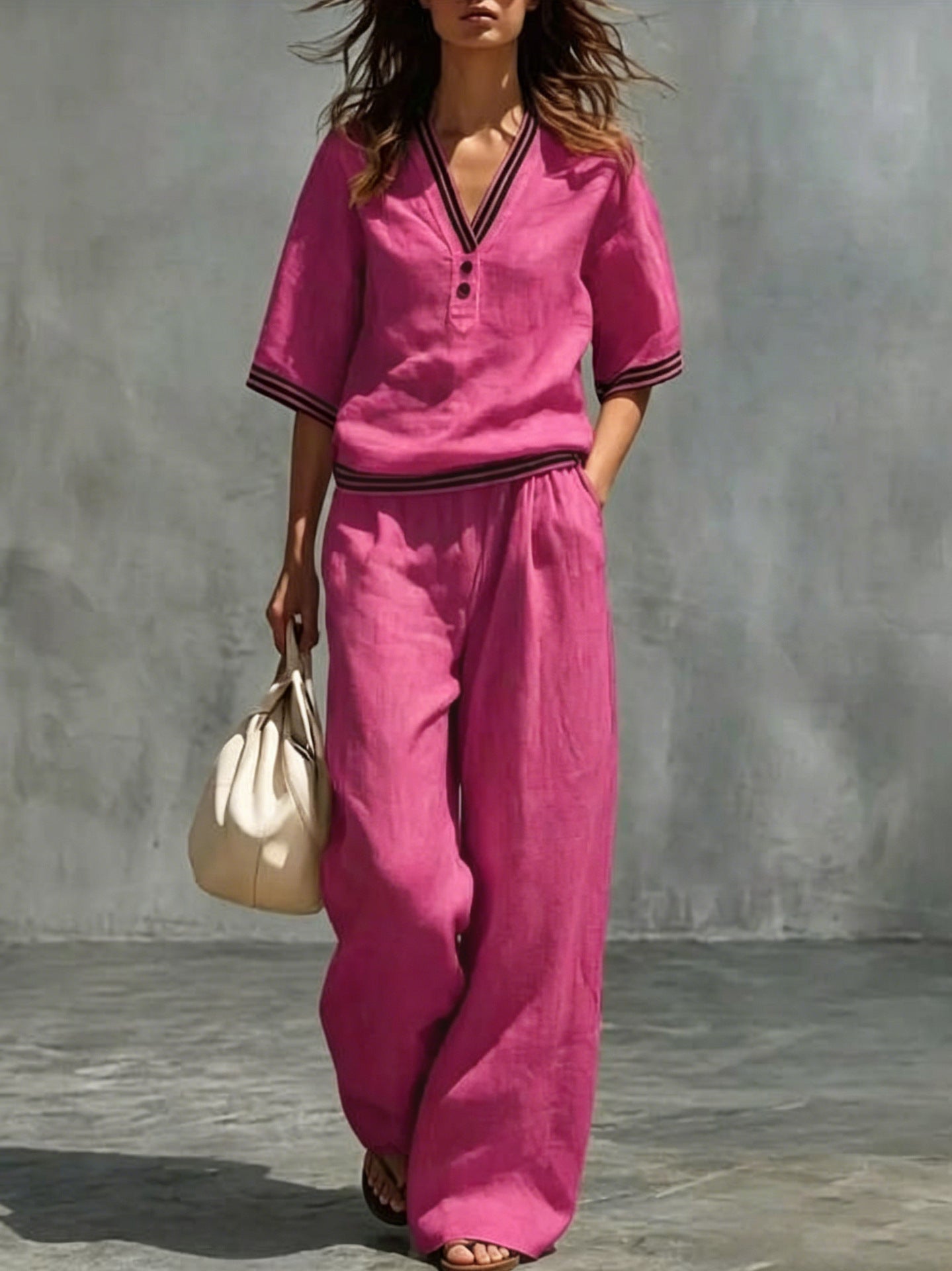 Women's Linen V-Neck Two-Piece Set