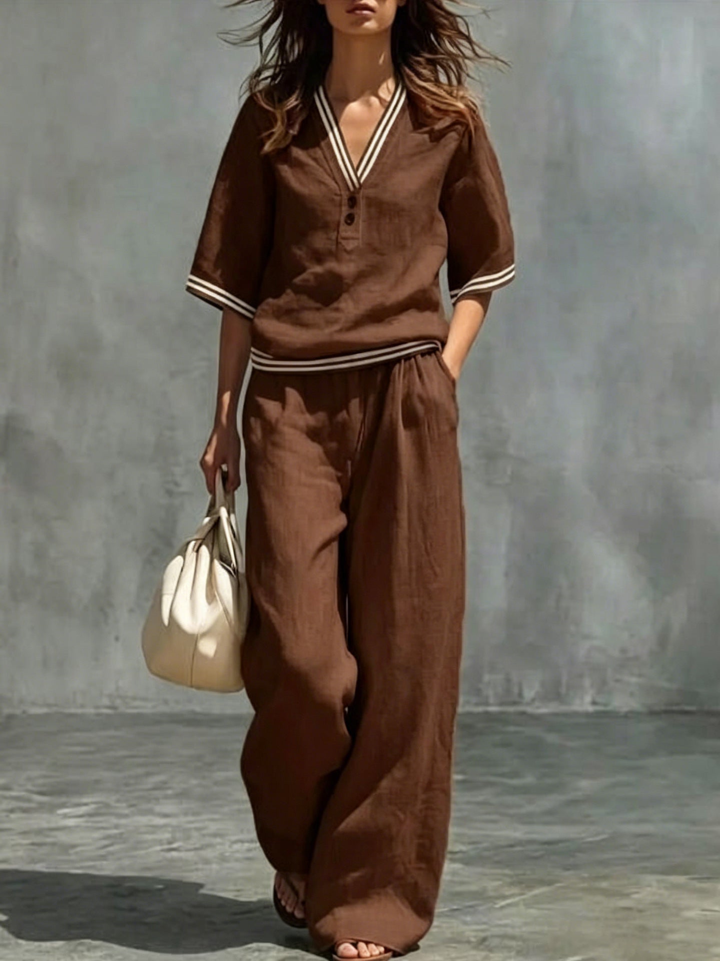Women's Linen V-Neck Two-Piece Set