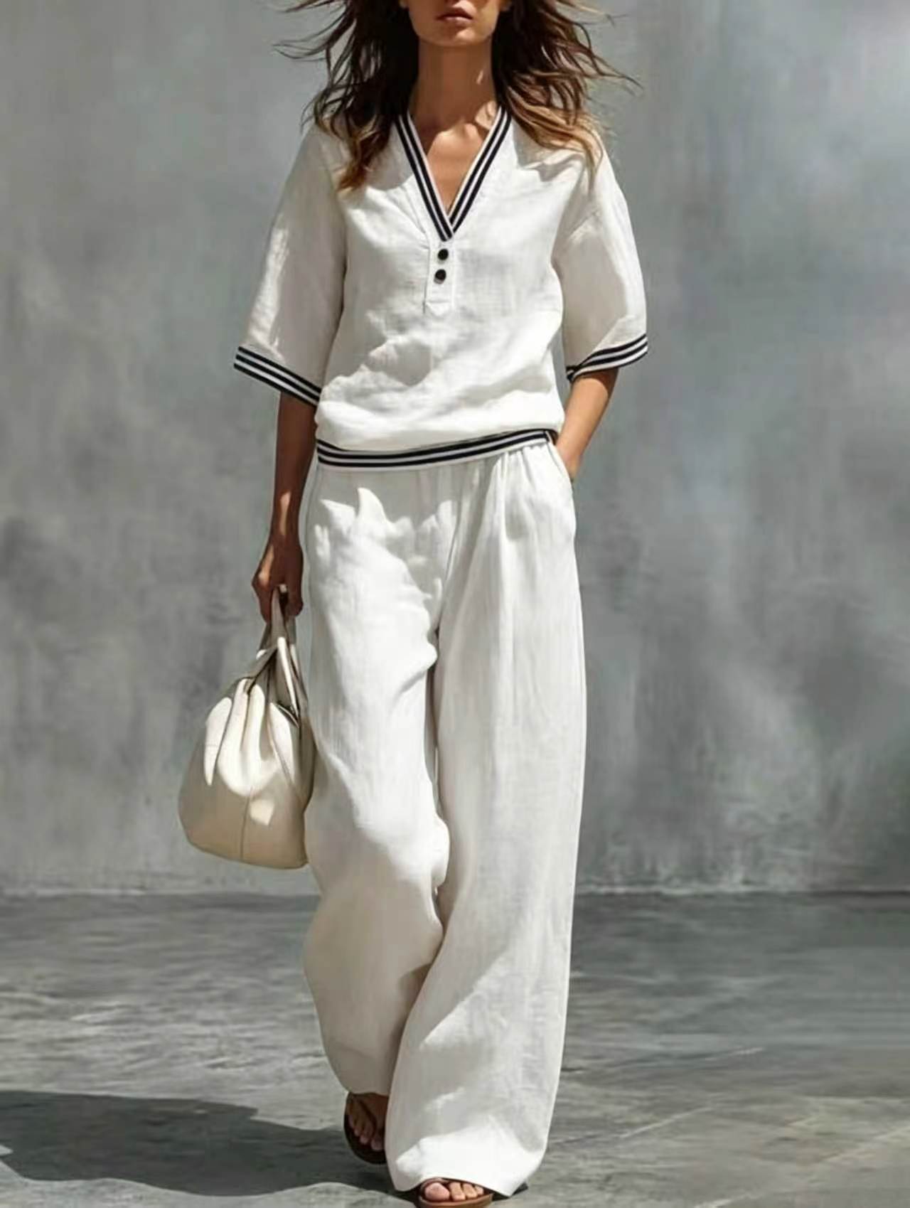 Women's Linen V-Neck Two-Piece Set