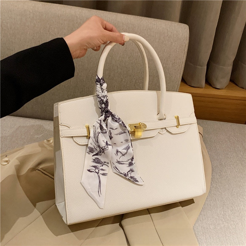 Women's Lock Detail Crossbody Bag with Litchi Pattern