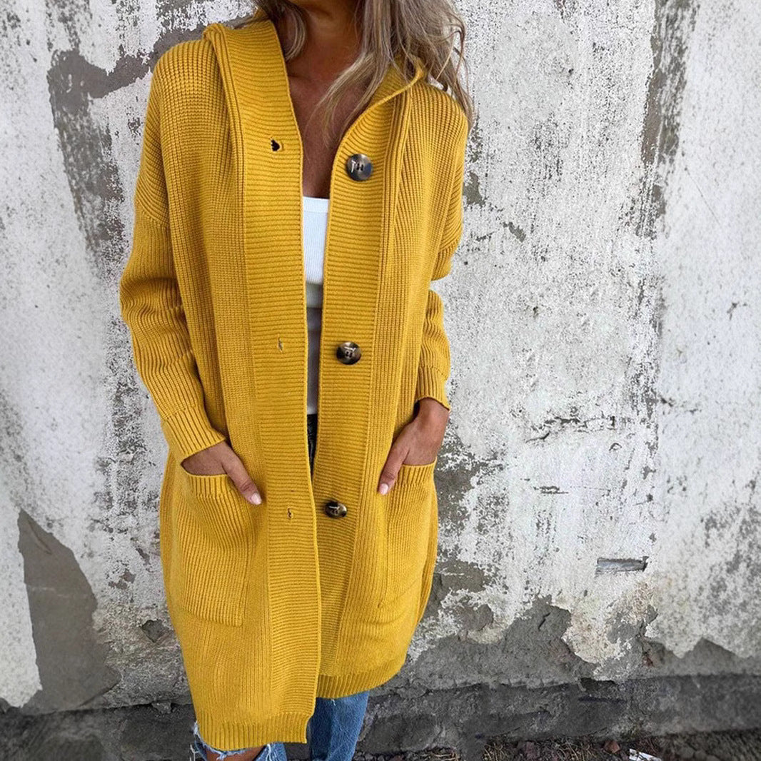 Women's Long Hooded Knitted Cardigan with Pockets