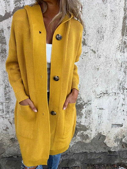 Women's Long Hooded Knitted Cardigan with Pockets
