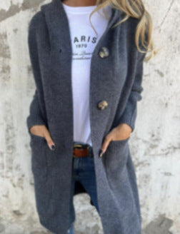 Women's Long Hooded Knitted Cardigan with Pockets