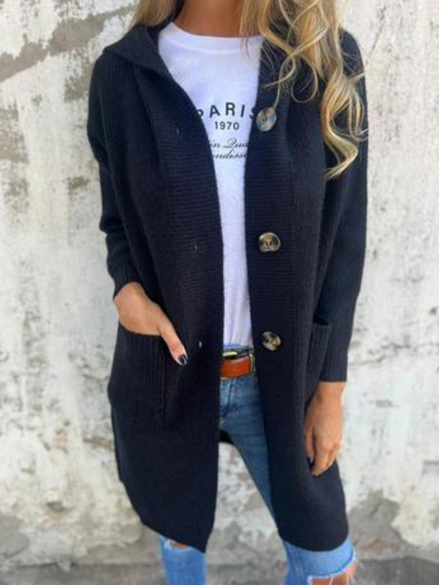 Women's Long Hooded Knitted Cardigan with Pockets